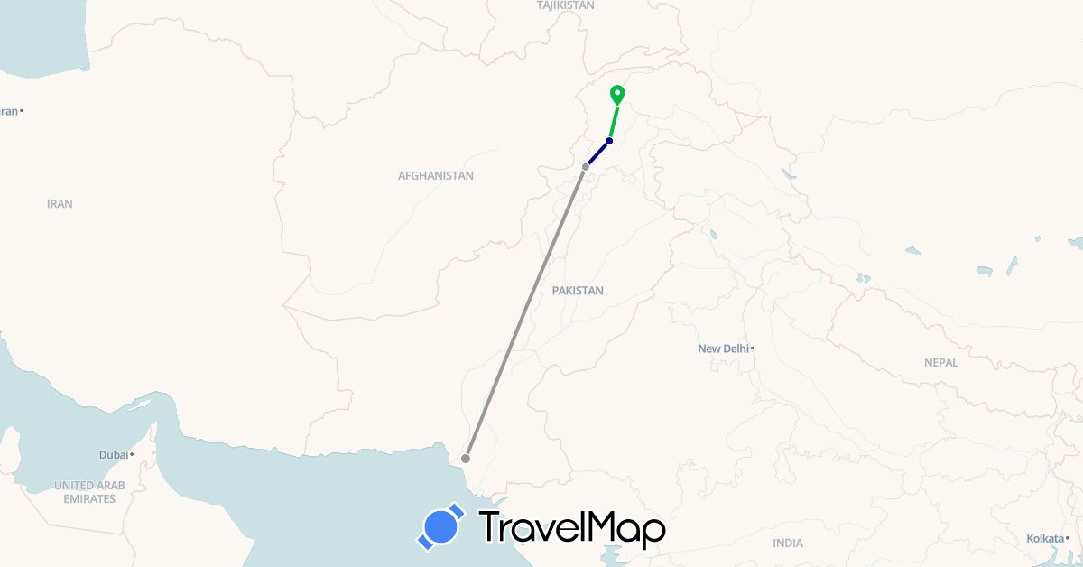 TravelMap itinerary: driving, bus, plane in Pakistan (Asia)