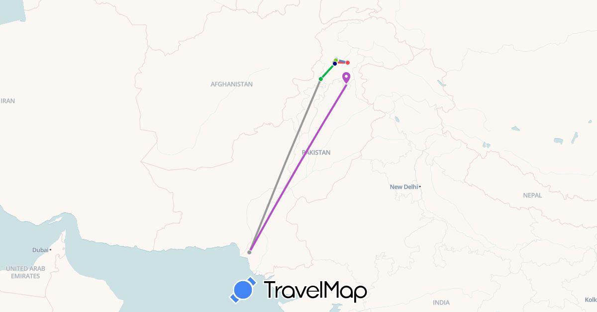 TravelMap itinerary: driving, bus, plane, cycling, train, hiking, boat, motorbike, electric vehicle in Pakistan (Asia)